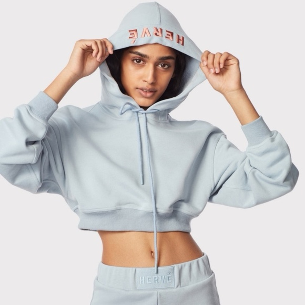 Herve Leger Paris Blue Cropped Hoodie - Women's Pullover with Hood